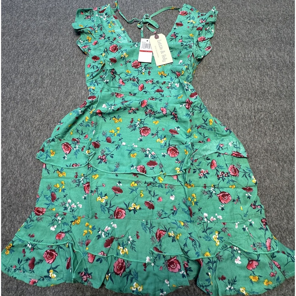 Lottie & Holly Dress Womens XS Green Floral Ruffle Boho Mini Summer Romantic New